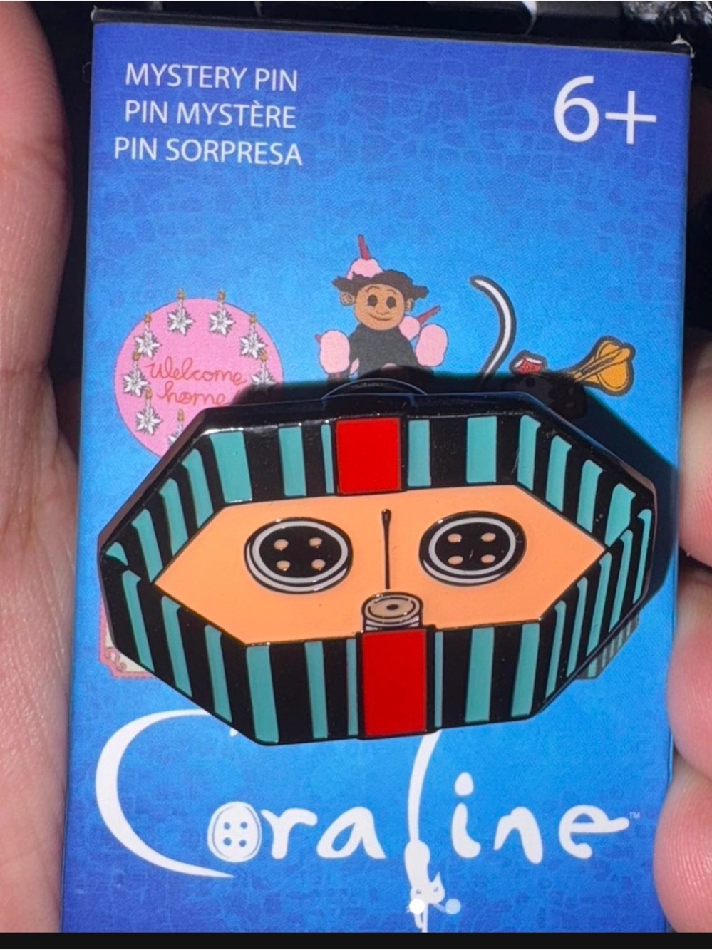 Coraline Mystery Enamel Pin — Black, Teal & Peach Stripe Design